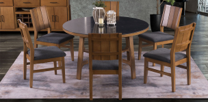 Comedor Redondo Mármol Tadeo Negro Con Sillas Granate Gris 7 Pzs