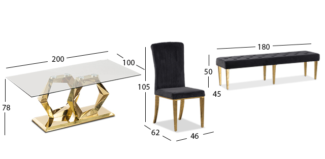 Comedor Royal Gold Hexa Con Sillas Y Banca Negro