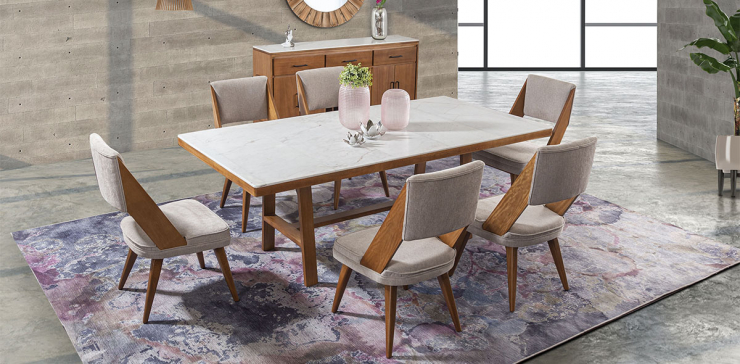 Comedor Rectangular Mármol Tadeo Blanco Con Sillas Ibiza Arena