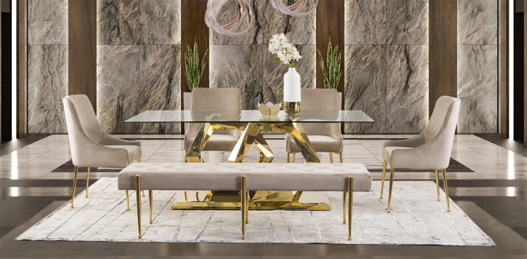 Comedor Royal Gold Hexa Con Sillas Y Banca Beige